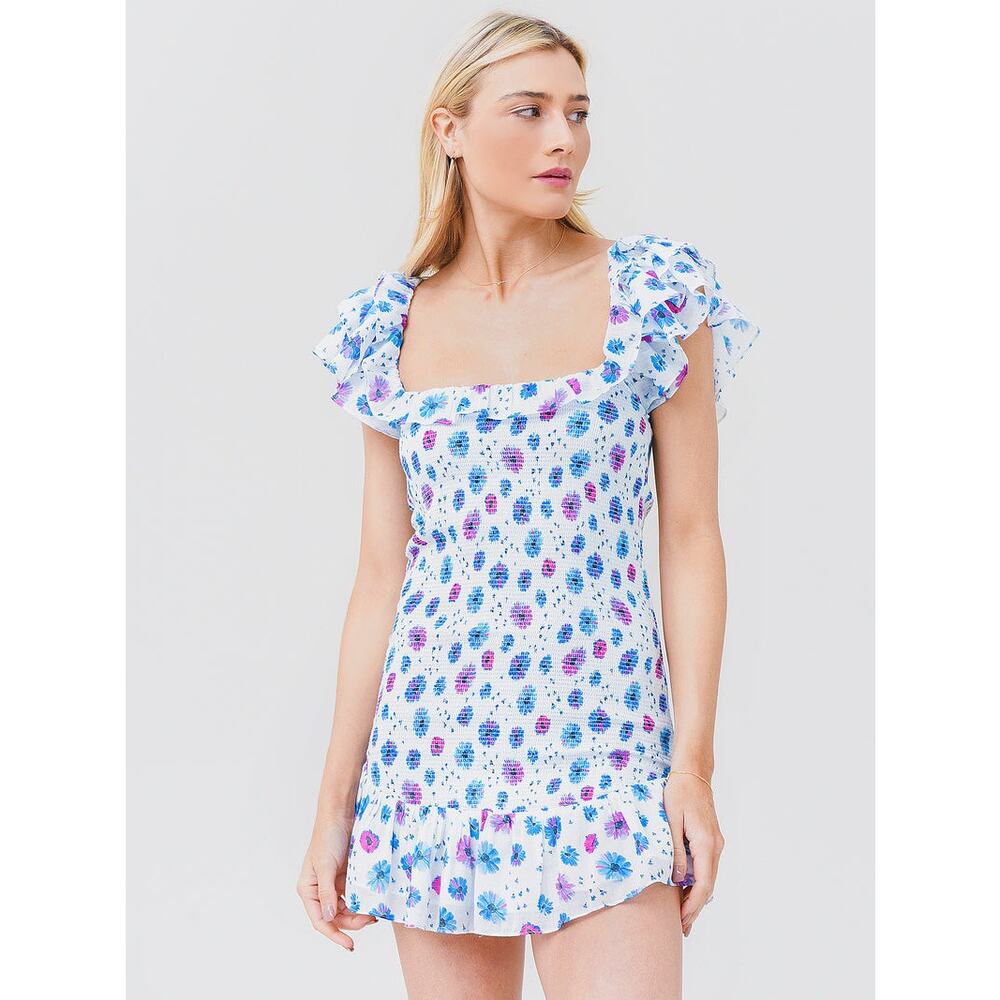 LoveShackFancy Kodie Deep Cotton Candy Smocked Floral Print Mini Dress Size L
